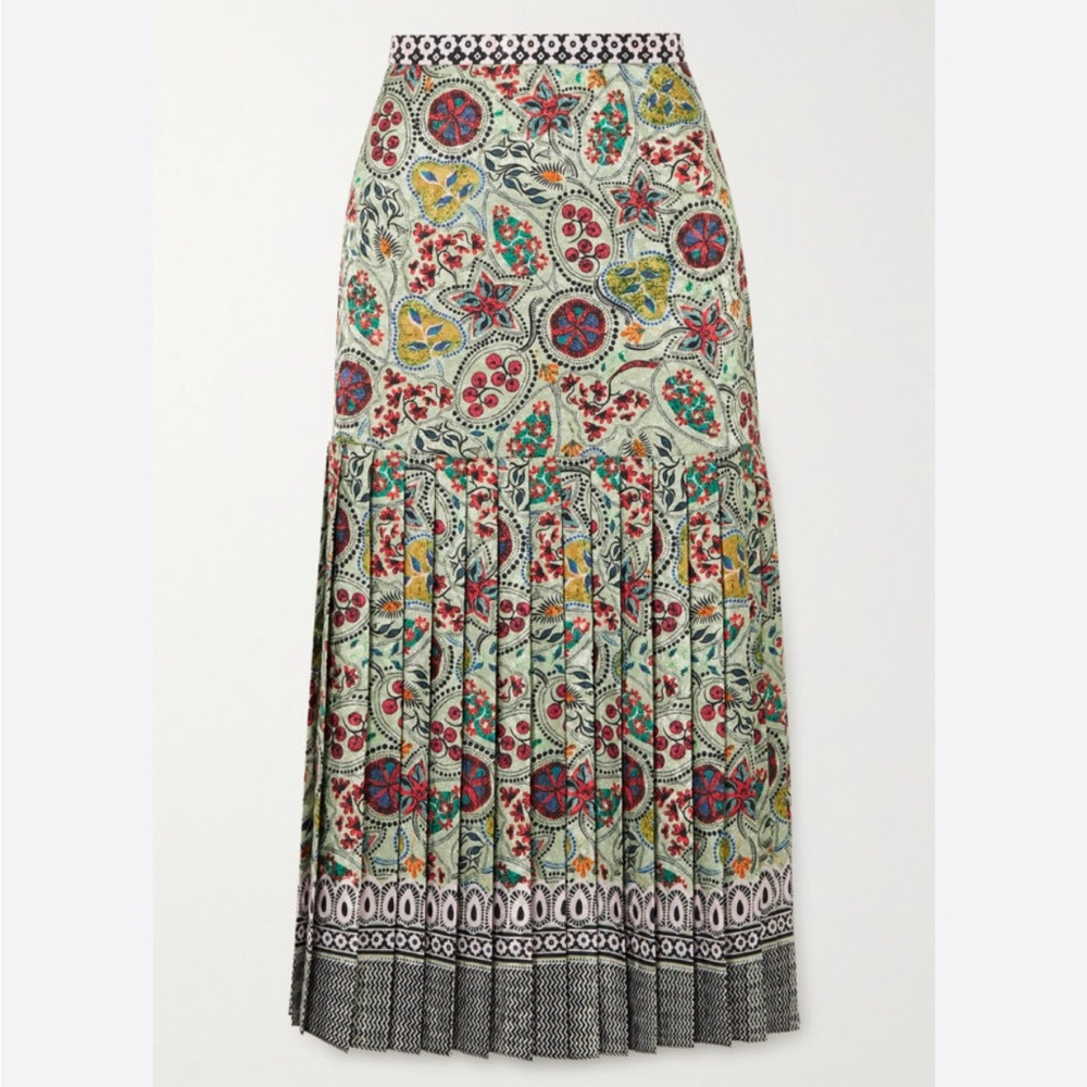 Saloni Diana pleated printed satin midi skirt